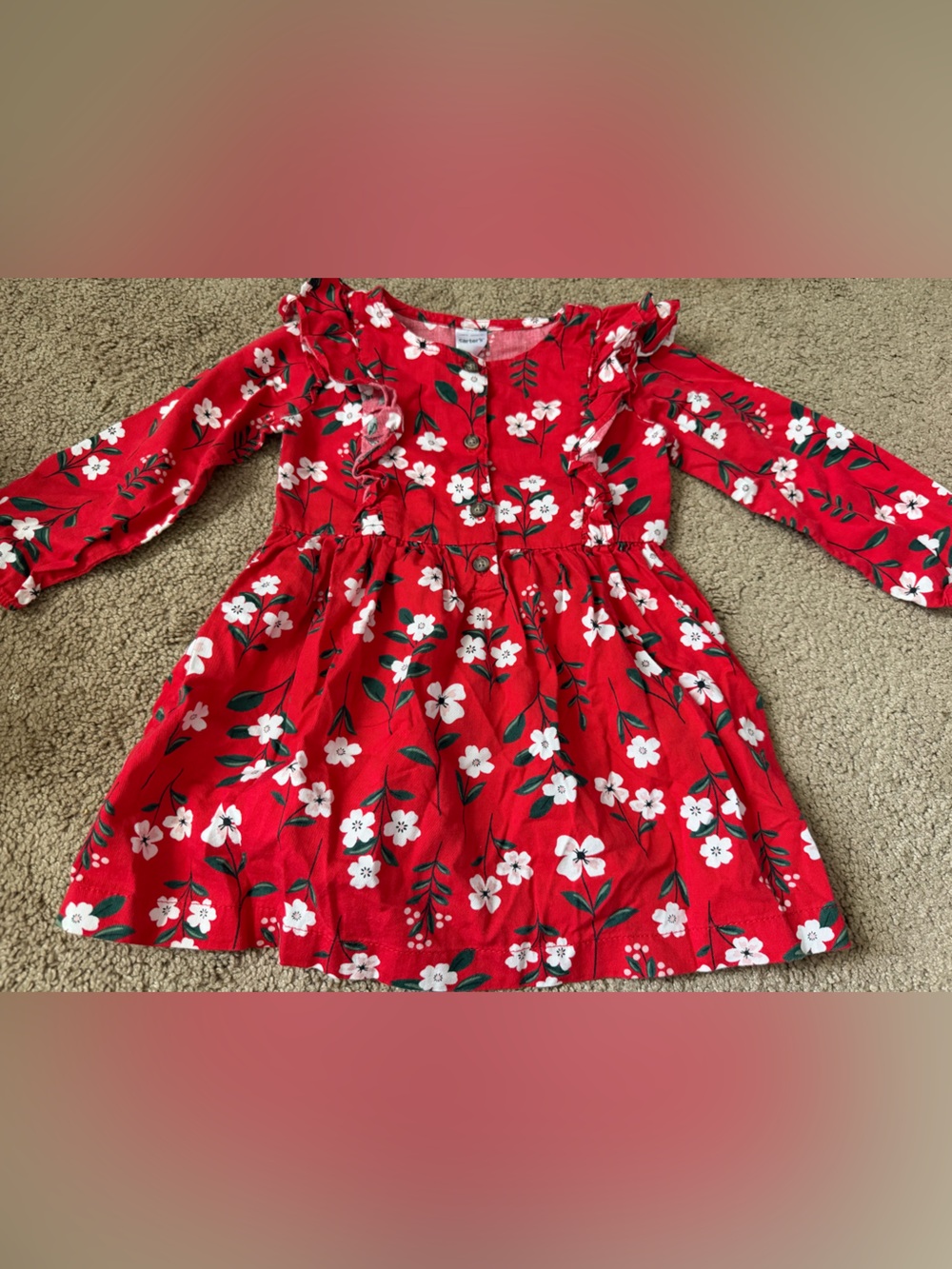Carter’s Girls Size 18m Red Ruffled Floral Dress Outfit Long Sleeves Flowers